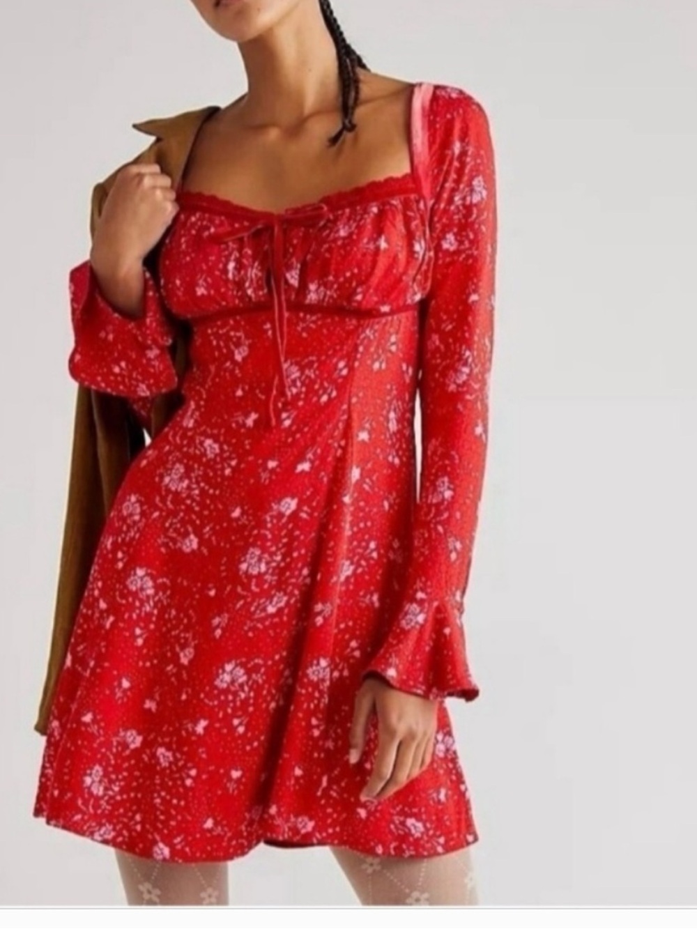 FREE PEOPLE TESS RED FLORAL VELVET LONG SLEEVE MINI DRESS SMALL - Picture 2 of 9